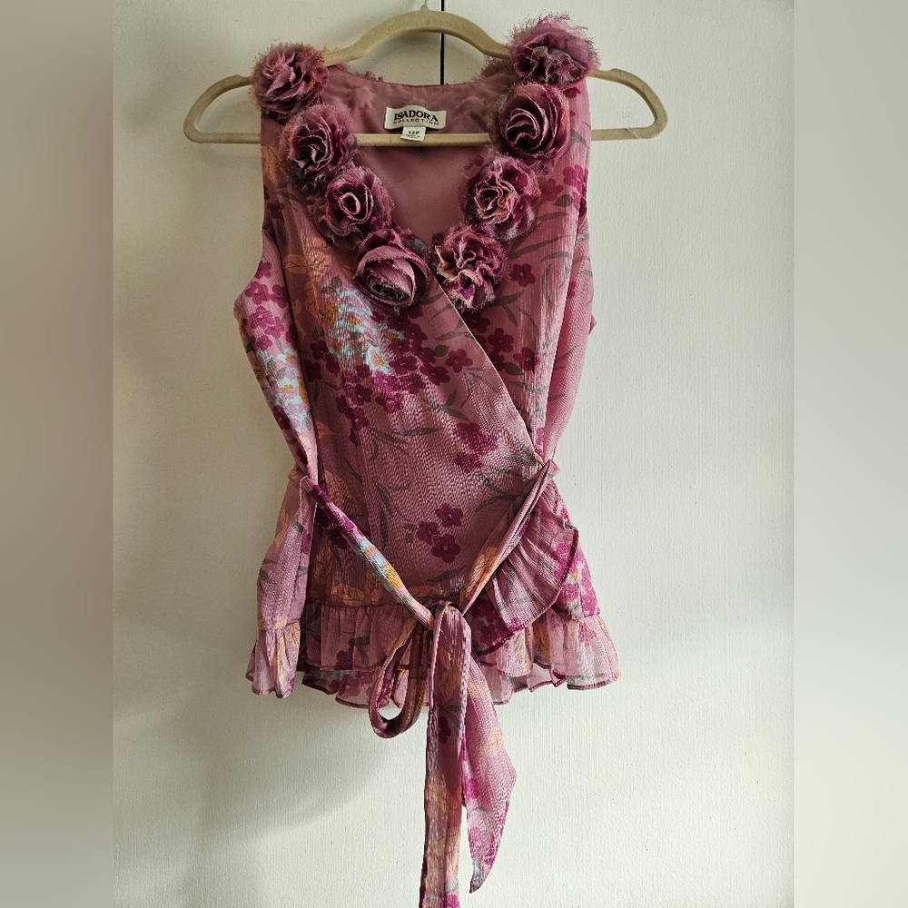 Isadora Collection Blouse Floral Pink Sleeveless V Neck Top with Roses Size 12P